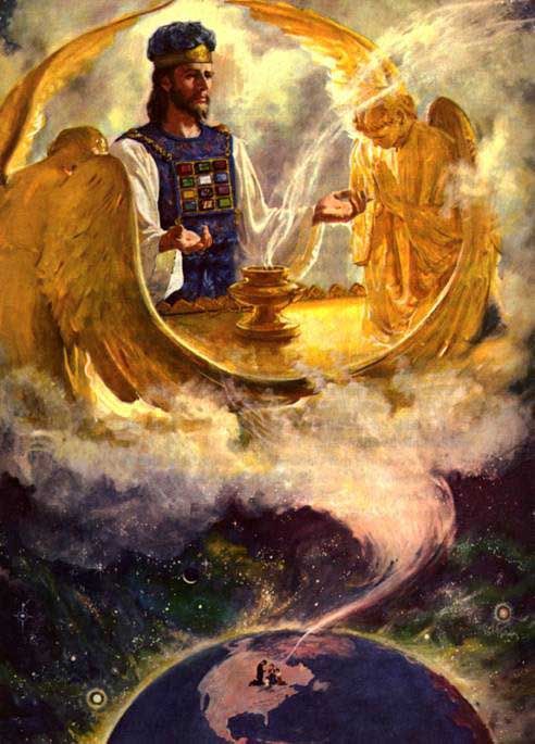 Painting by Harry Anderson of Jesus acting as the high priest in the heavenly sanctuary. Jesus, adorned in the purple and white robes of the Hebrew high priest complete with a bejeweled breastplate depicting the twelve tribes of Israel, stands before the golden Ark of the Covenant, burning incense between the two iconic bowed cherubim. This scene is in the clouds high above the Earth, where a kneeling family of believers can be seen praying for His intercession.